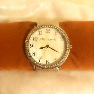 Betsey Johnson silver and animal print strap rinestone watch